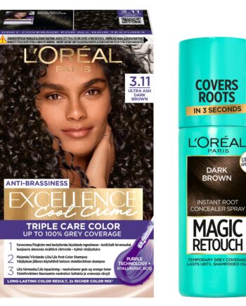 Amp Oral Paris Excellence Creme Hair Color Ultra Ash Dark Brown & Magic Retouch Dark Brown Instant Root Concealer Spray Pcs - Mvbeauty  - 3600523939718